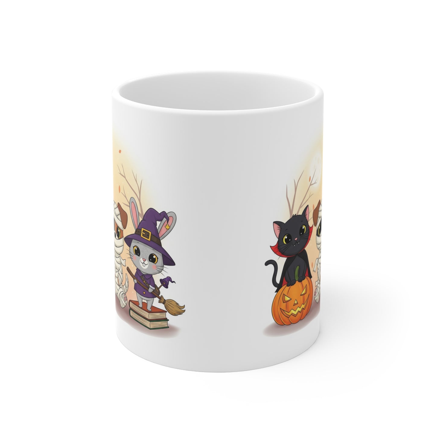 Halloween Themed Mug, Cute Animal Character Mug, Seasonal Coffee Cup, Spooky Decor, Perfect Gift for Cat Lovers