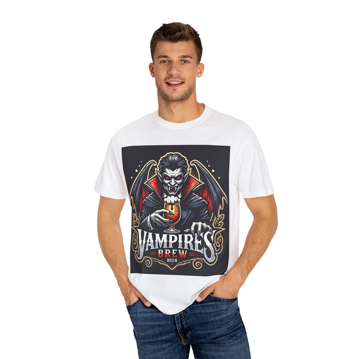 Vampire Brew Graphic T-Shirt, Spooky Halloween Apparel, Dark Fantasy Fashion, Gift for Beer Lovers, Unisex Casual Wear