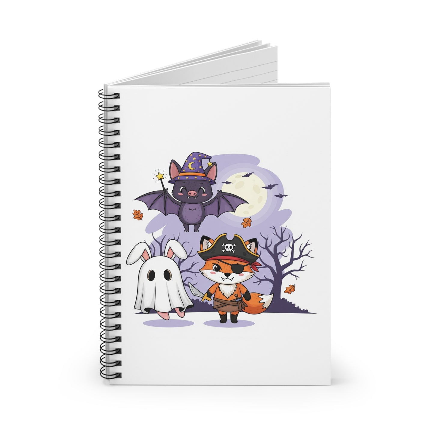 Halloween-Themed Spiral Notebook, Cute Pirate Fox, Bat & Bunny Drawing, Trick or Treat Journal, Spooky Stationery, Fall Decor