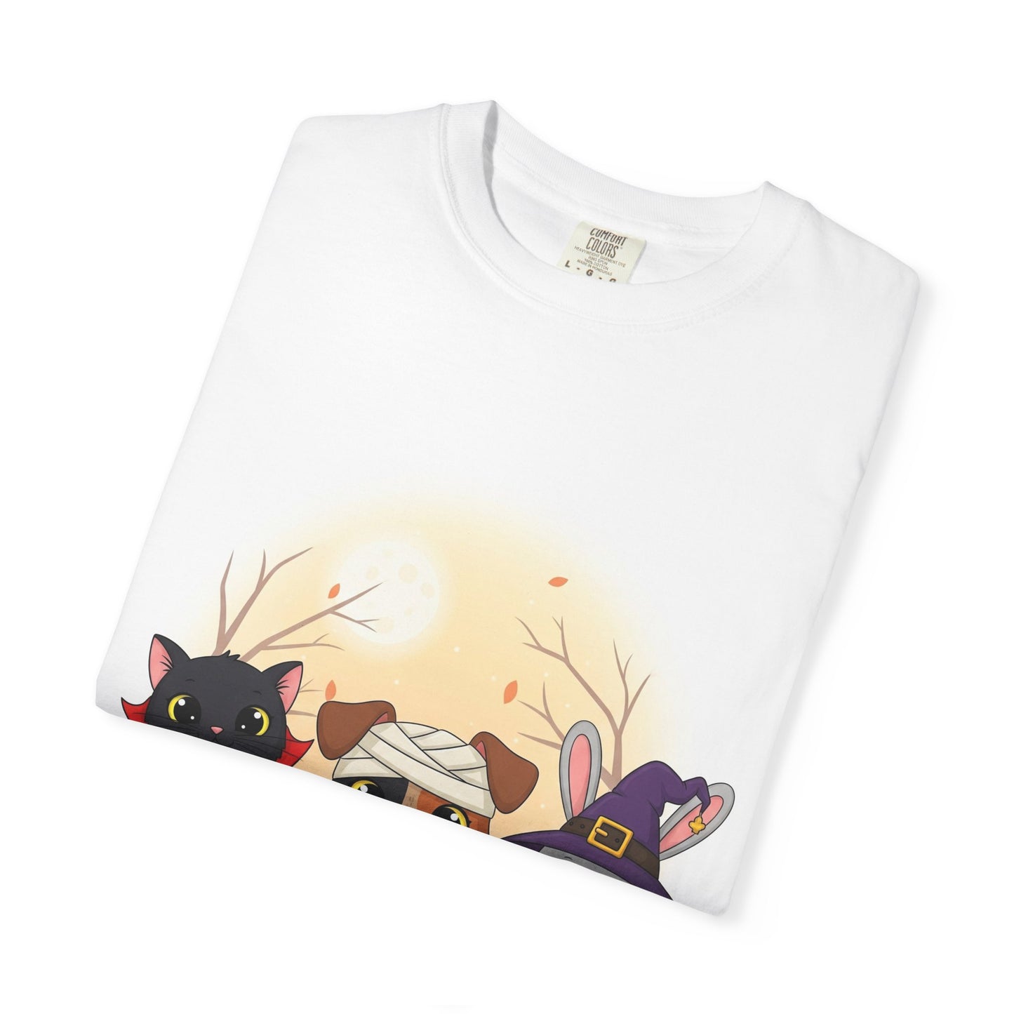Halloween Animal Friends T-Shirt | Cute Cat Mummy & Witch Design | Unisex Apparel, Fall Fashion, Spooky Season Gift, Pet Lover Shirt