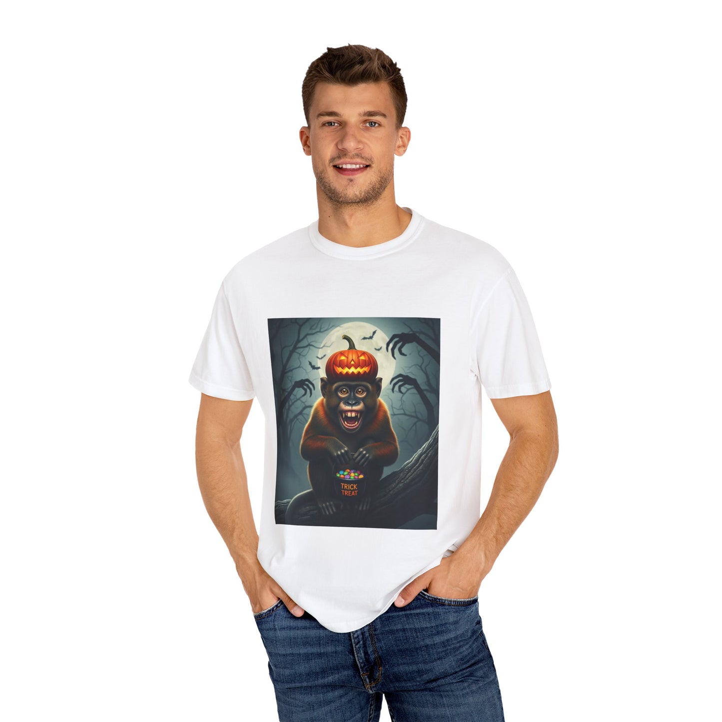 Halloween Monkey Graphic T-shirt, Unisex Tee for Halloween, Pumpkin Design, Spooky Shirt, Fun Costume Top