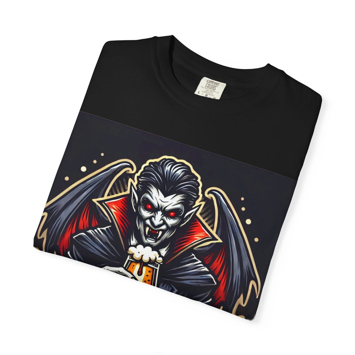 Vampire Brew Graphic T-Shirt, Spooky Halloween Apparel, Dark Fantasy Fashion, Gift for Beer Lovers, Unisex Casual Wear