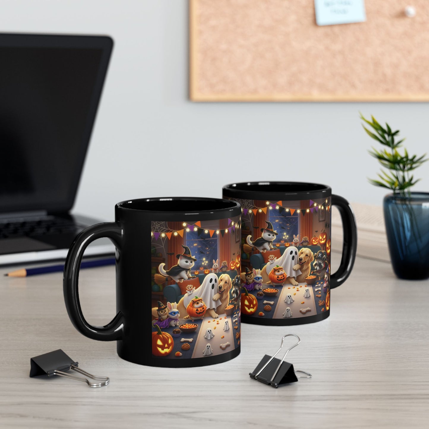 Halloween Pet Party Black Mug, Cat Dog Lovers Gift, Cozy Fall Decor, Funny Halloween Kitchenware, Cute Ghosts & Pumpkins Mug