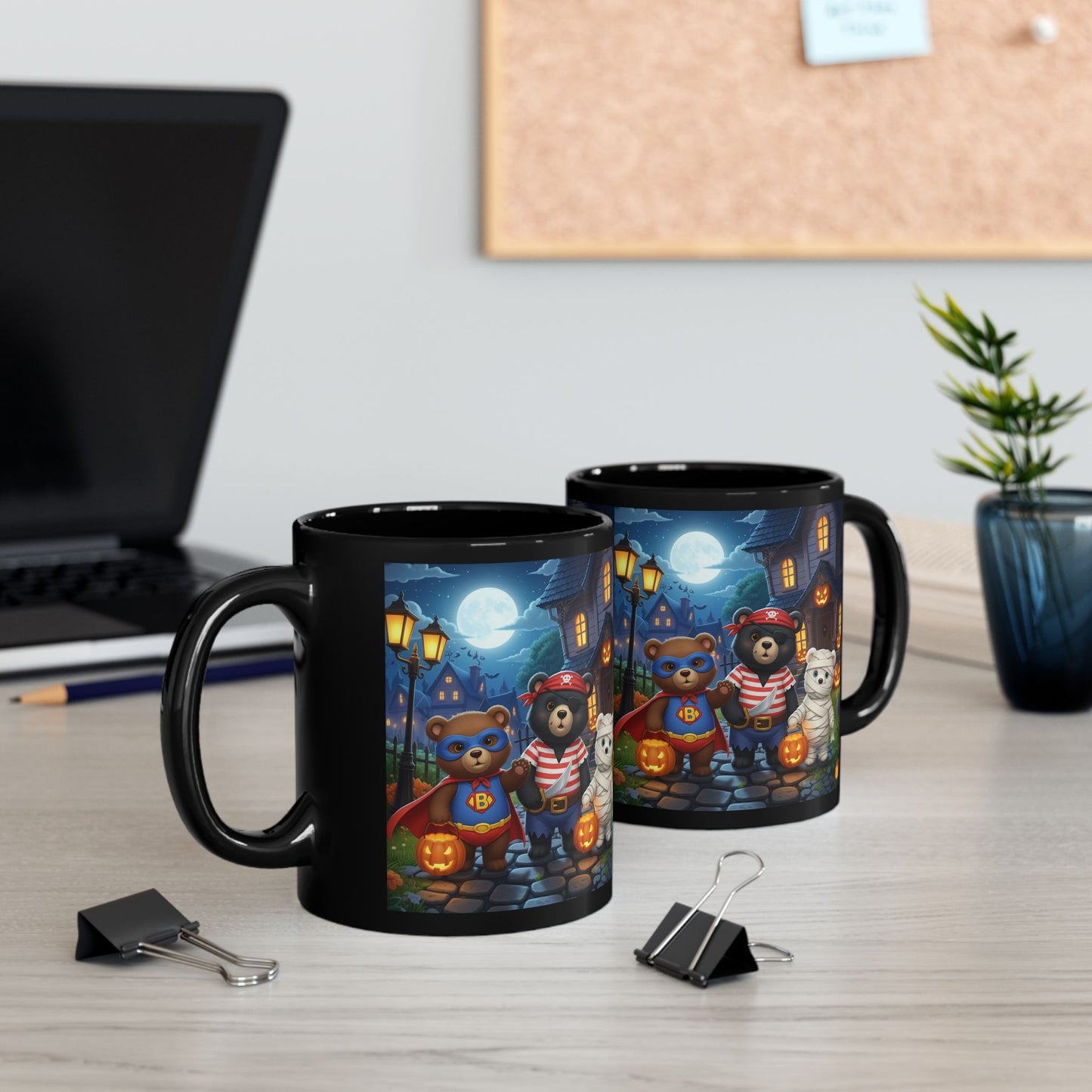 Halloween Bear Mug with Pumpkins and Moon - Cute Black Coffee Cup, Autumn Decor, Gift for Kids, Spooky Season, Trick or Treat