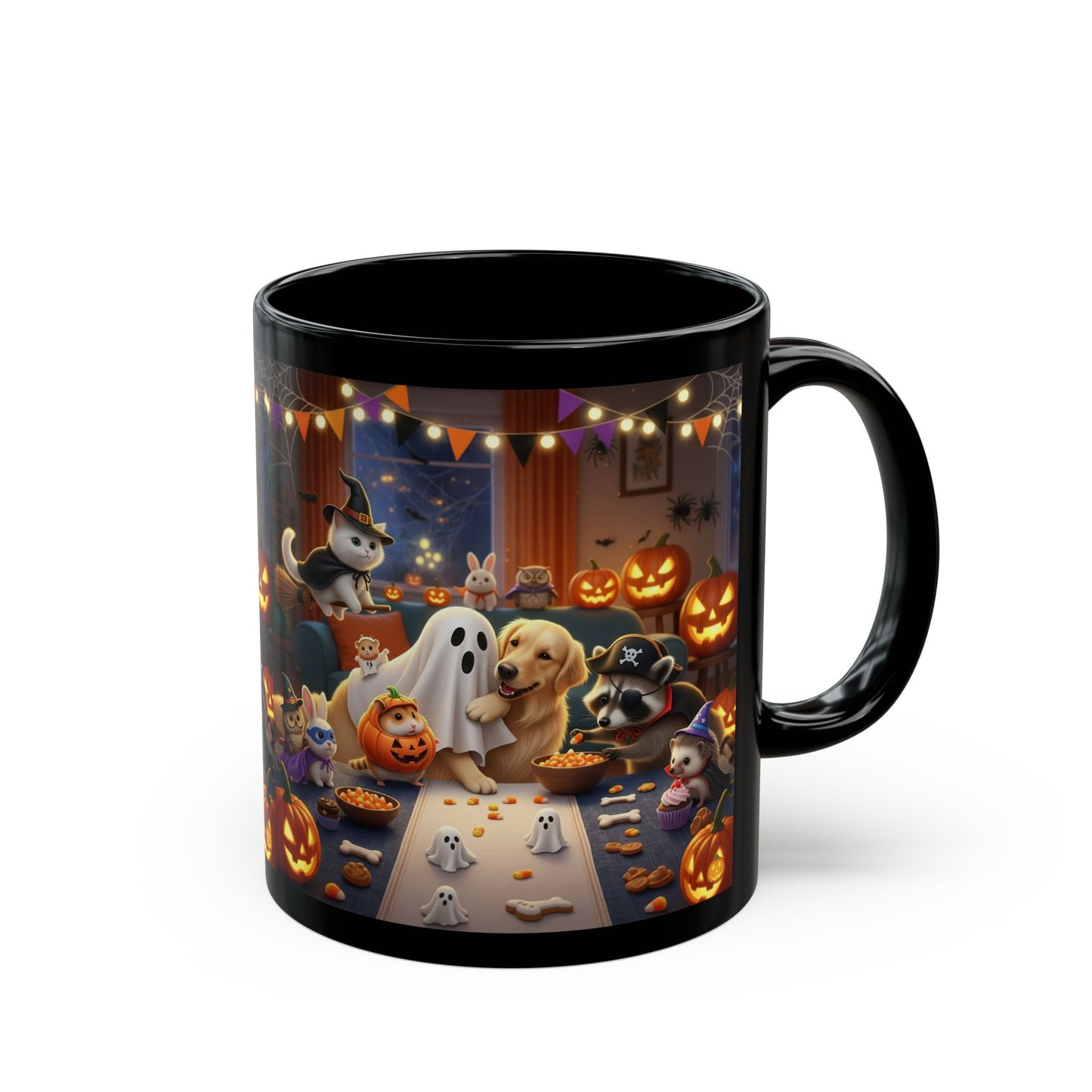 Halloween Pet Party Black Mug, Cat Dog Lovers Gift, Cozy Fall Decor, Funny Halloween Kitchenware, Cute Ghosts & Pumpkins Mug