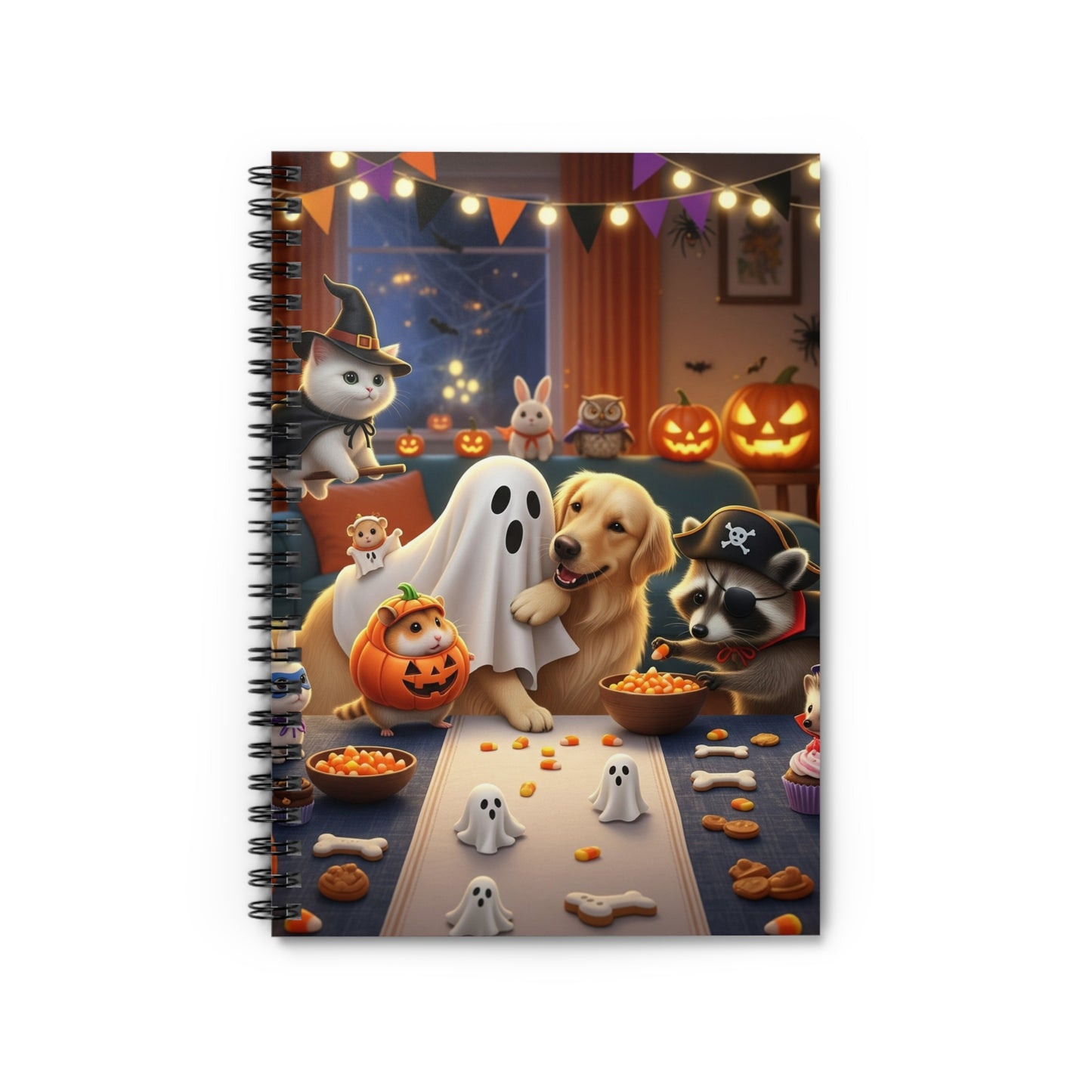 Halloween-Themed Spiral Notebook, Cute Pets Ghosts Party Journal, Fall Stationery Gift, Spooky Note Taking, Halloween Celebration