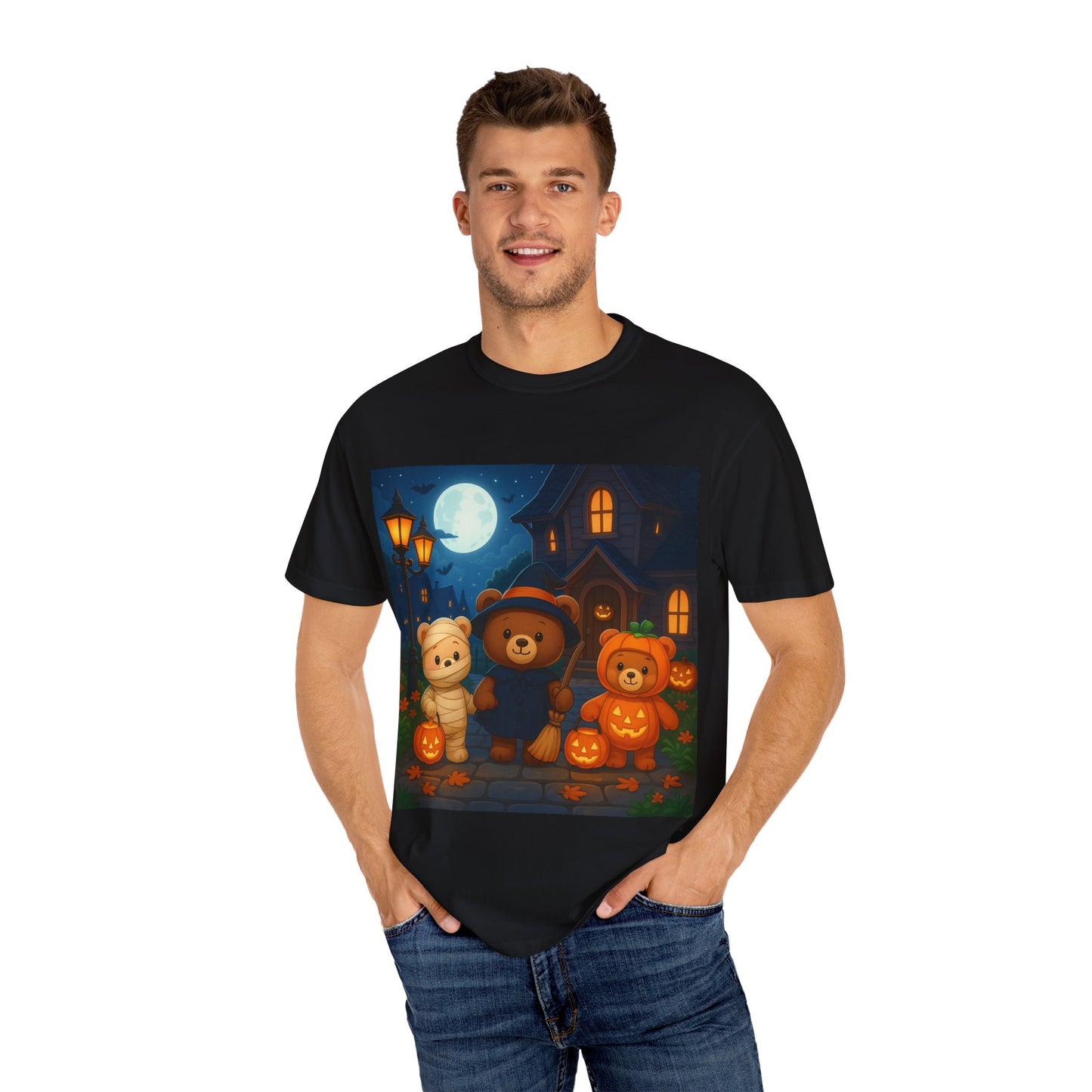 Halloween Bear T-shirt, Unisex Garment-Dyed Shirt, Cute Halloween Top, Cozy Fall Apparel, Kids and Adults Halloween Tee