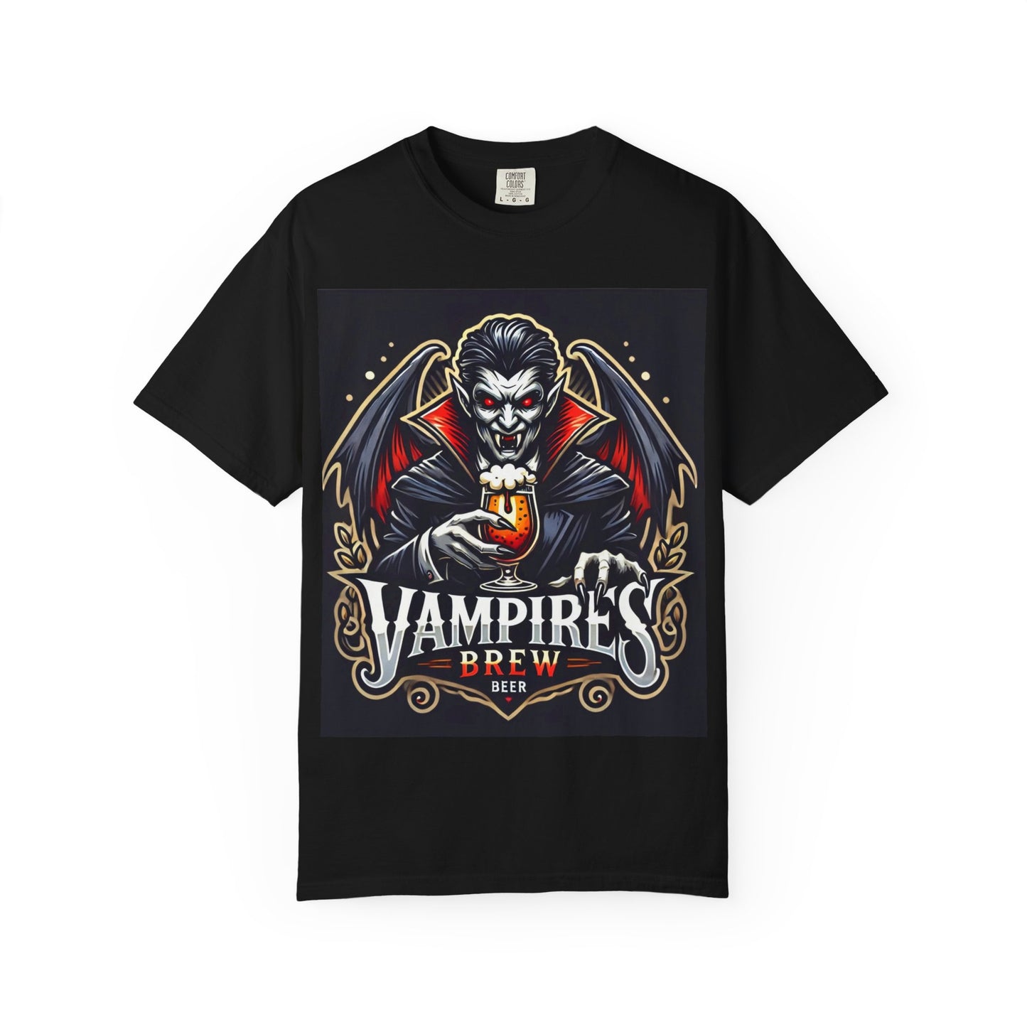 Vampire Brew Graphic T-Shirt, Spooky Halloween Apparel, Dark Fantasy Fashion, Gift for Beer Lovers, Unisex Casual Wear