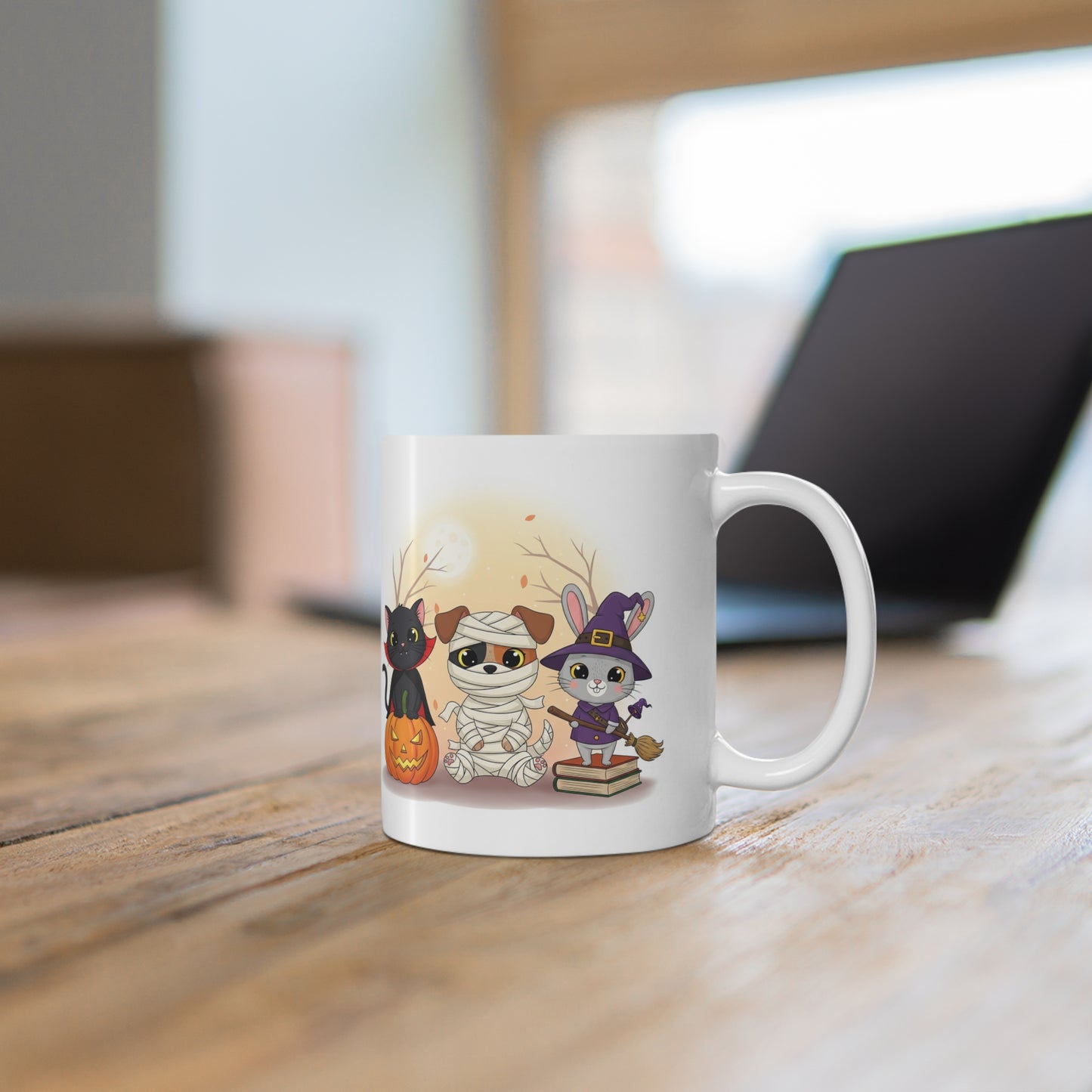 Halloween Themed Mug, Cute Animal Character Mug, Seasonal Coffee Cup, Spooky Decor, Perfect Gift for Cat Lovers