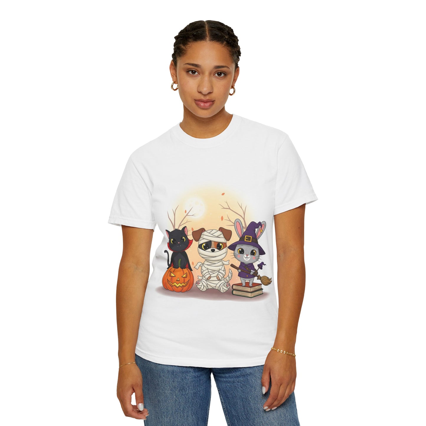 Halloween Animal Friends T-Shirt | Cute Cat Mummy & Witch Design | Unisex Apparel, Fall Fashion, Spooky Season Gift, Pet Lover Shirt