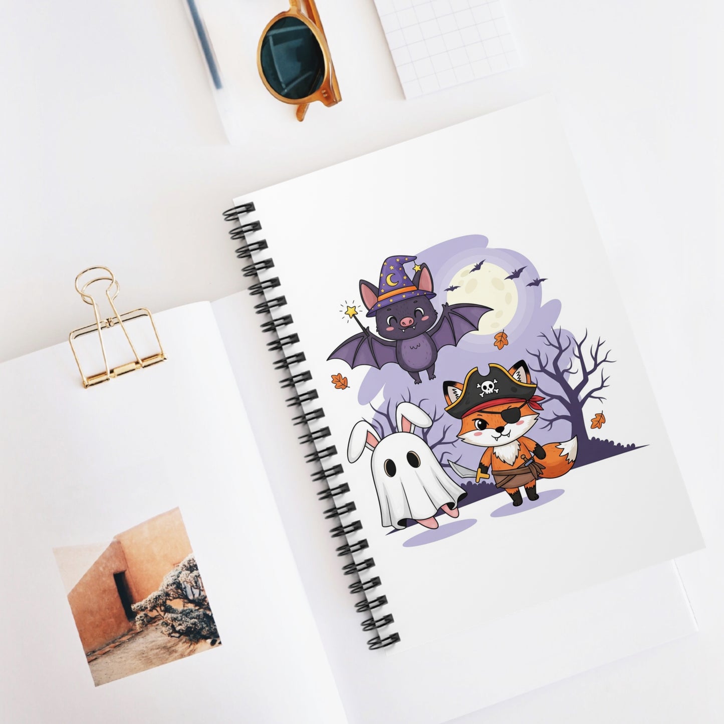 Halloween-Themed Spiral Notebook, Cute Pirate Fox, Bat & Bunny Drawing, Trick or Treat Journal, Spooky Stationery, Fall Decor