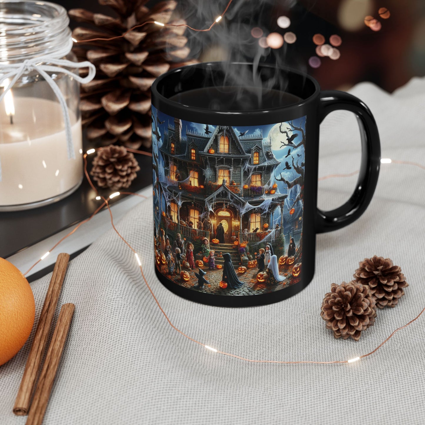 Halloween Pumpkin Scene Black Mug, Spooky Coffee Cup, Fall Decor, Autumn Gift, Haunted House Mug, Trick or Treat Cup