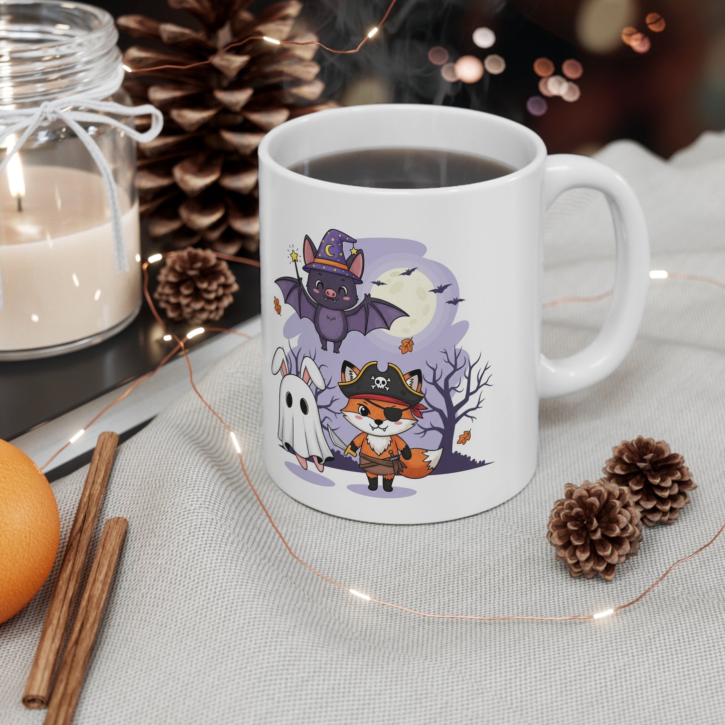 Whimsical Halloween Mug, Cute Animal Characters Coffee Cup, Autumn Drinkware, Trick-or-Treat Gift, Spooky Season Decor