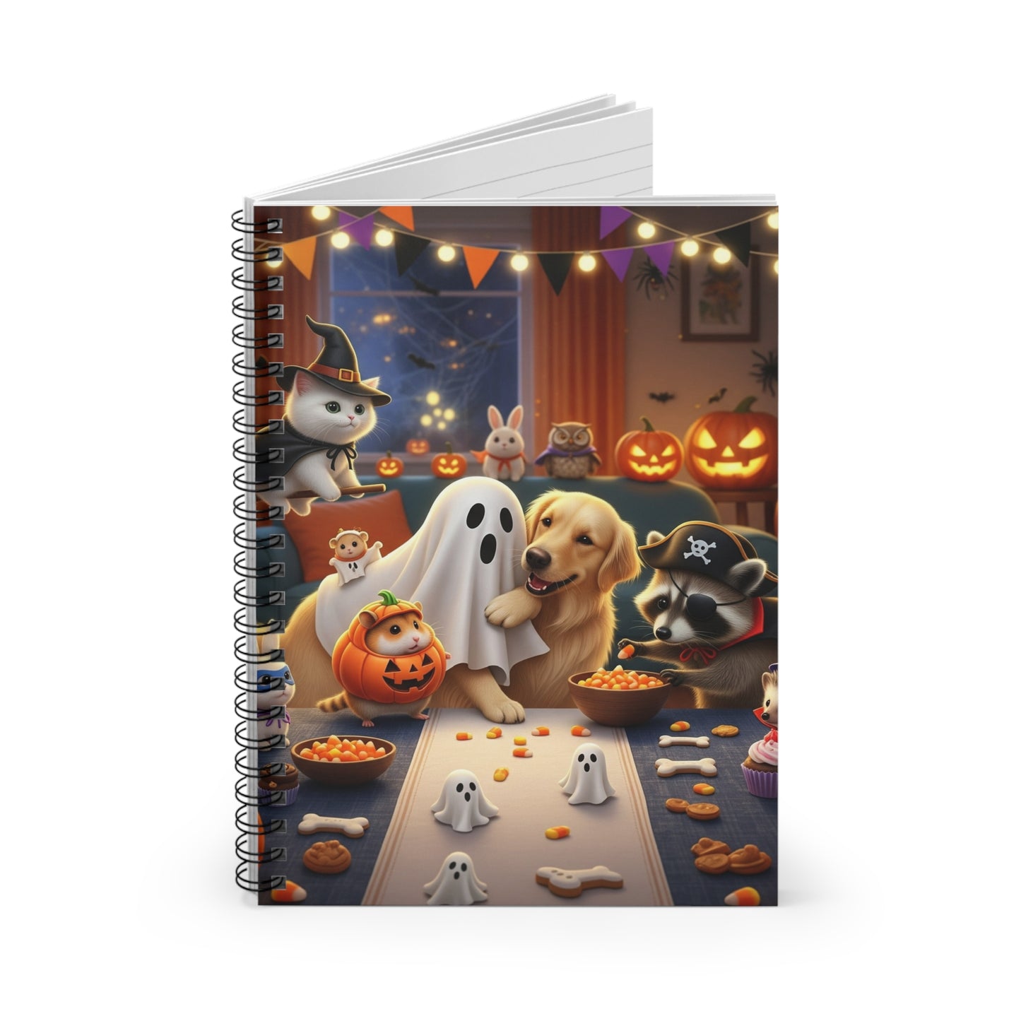 Halloween-Themed Spiral Notebook, Cute Pets Ghosts Party Journal, Fall Stationery Gift, Spooky Note Taking, Halloween Celebration