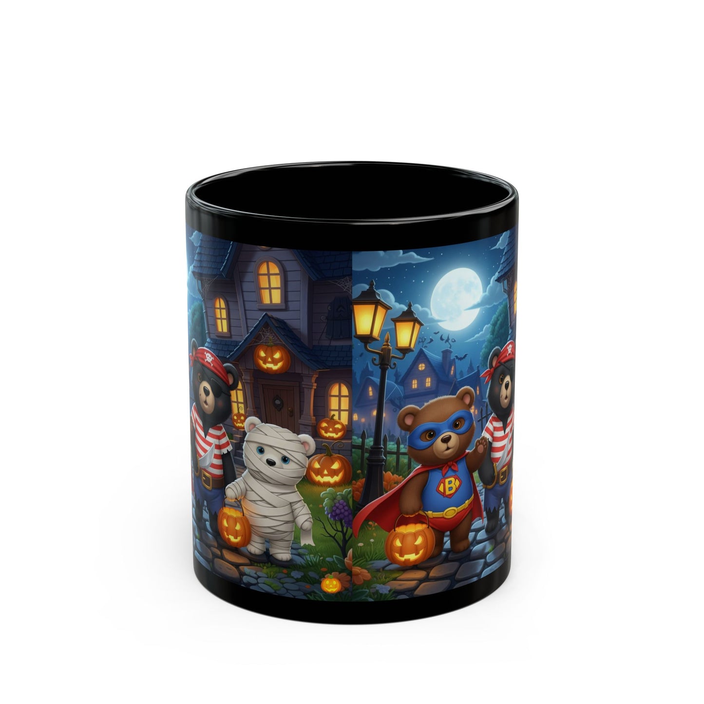 Halloween Bear Mug with Pumpkins and Moon - Cute Black Coffee Cup, Autumn Decor, Gift for Kids, Spooky Season, Trick or Treat