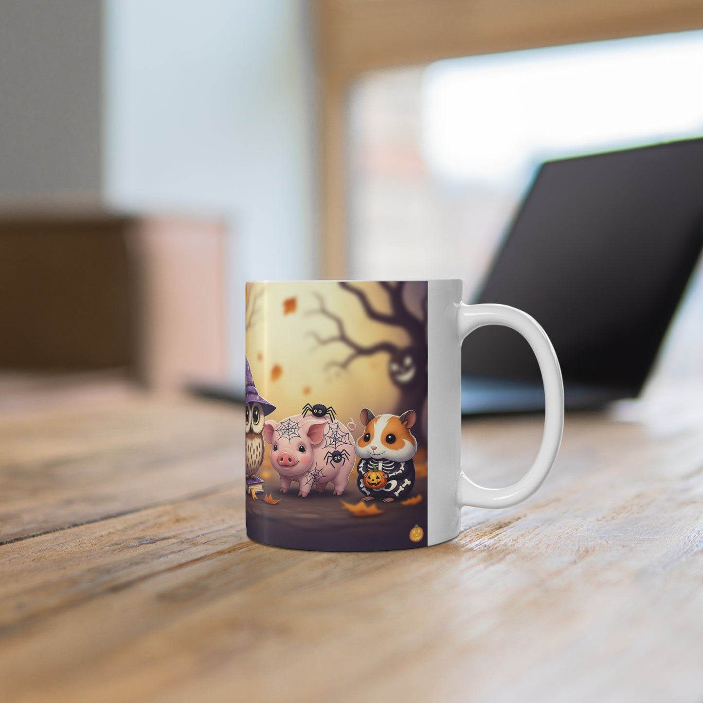 Whimsical Halloween Mug, Cute Owl Pig Themed Coffee Cup, Fall Decor Gift for Animal Lovers, Halloween Enjoyment