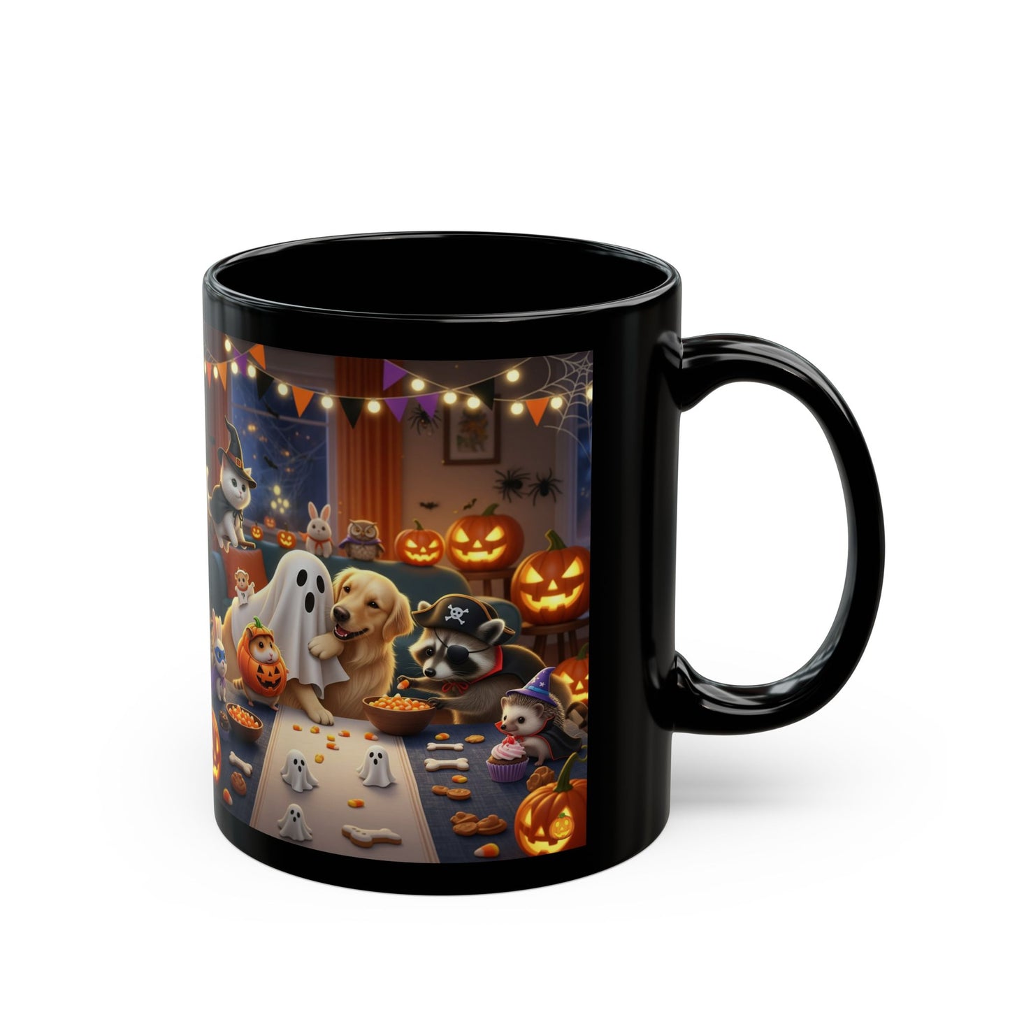 Halloween Pet Party Black Mug, Cat Dog Lovers Gift, Cozy Fall Decor, Funny Halloween Kitchenware, Cute Ghosts & Pumpkins Mug