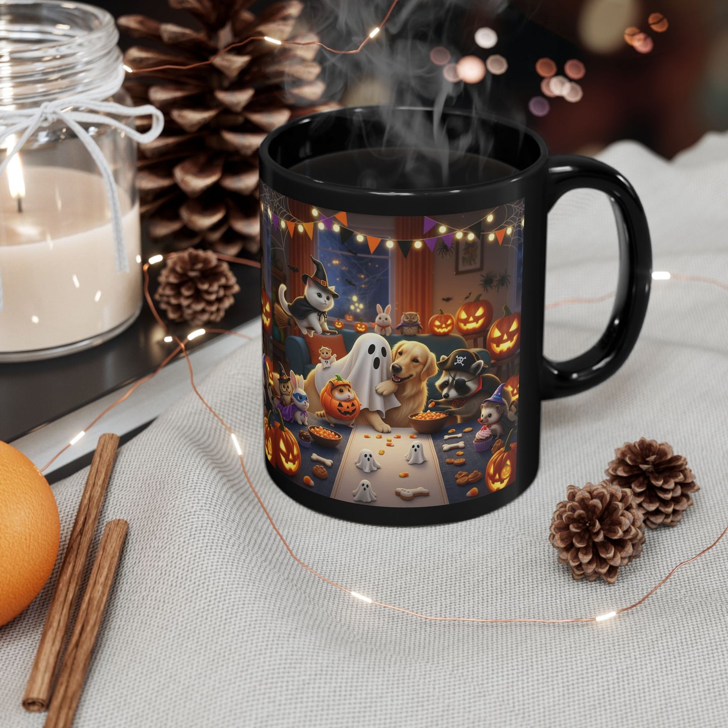 Halloween Pet Party Black Mug, Cat Dog Lovers Gift, Cozy Fall Decor, Funny Halloween Kitchenware, Cute Ghosts & Pumpkins Mug