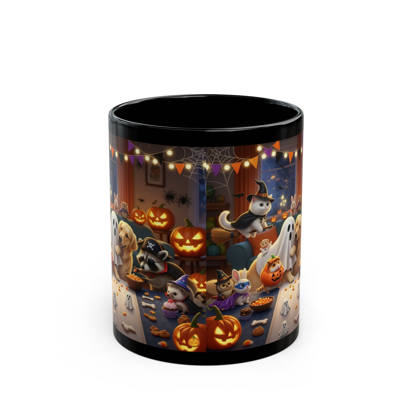 Halloween Pet Party Black Mug, Cat Dog Lovers Gift, Cozy Fall Decor, Funny Halloween Kitchenware, Cute Ghosts & Pumpkins Mug