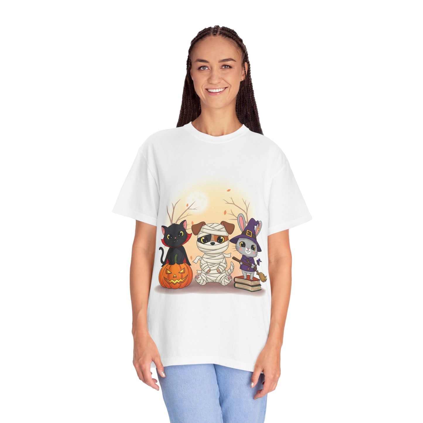Halloween Animal Friends T-Shirt | Cute Cat Mummy & Witch Design | Unisex Apparel, Fall Fashion, Spooky Season Gift, Pet Lover Shirt
