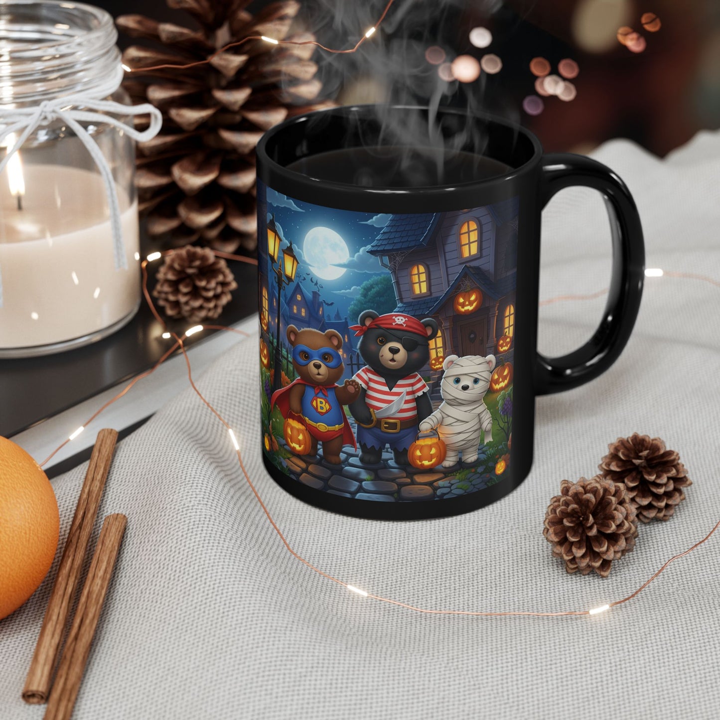 Halloween Bear Mug with Pumpkins and Moon - Cute Black Coffee Cup, Autumn Decor, Gift for Kids, Spooky Season, Trick or Treat
