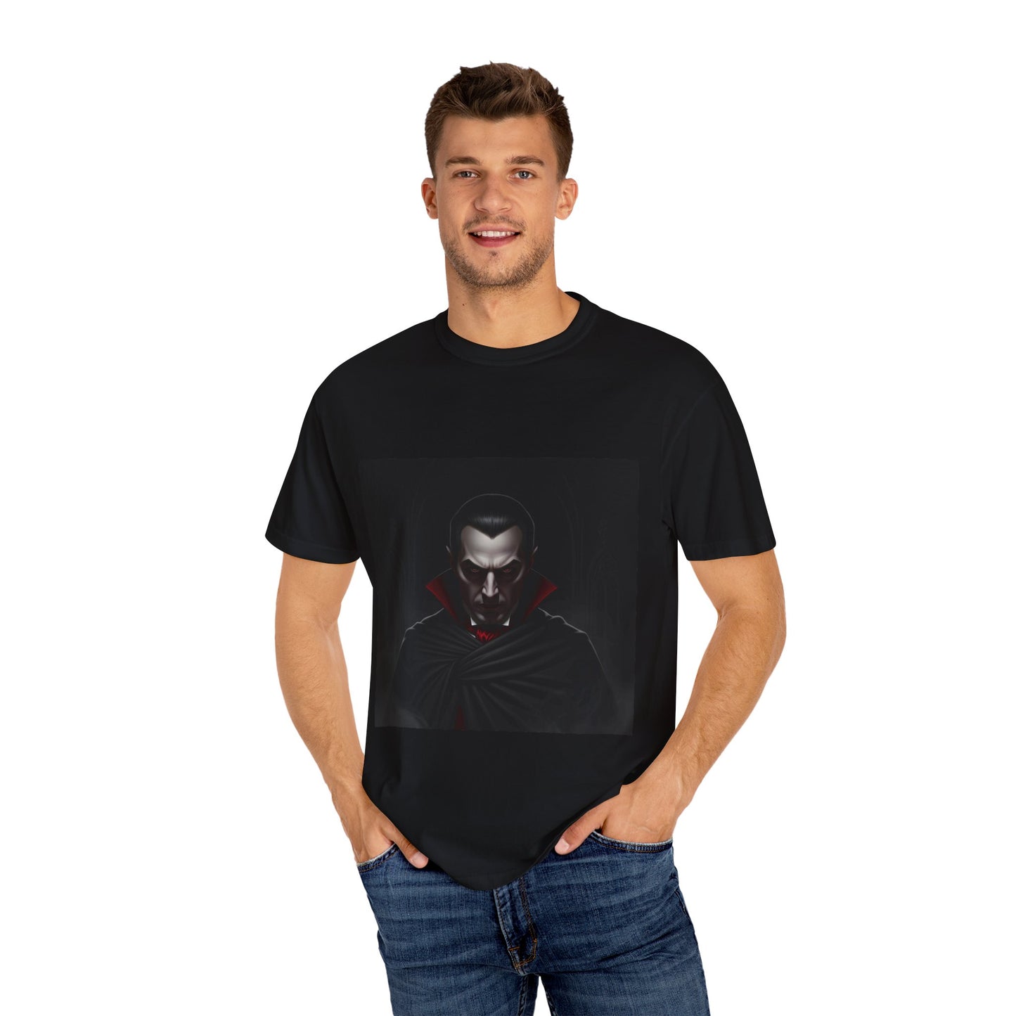 Vampire-Themed Unisex Garment-Dyed T-shirt, Boho Style Tee, Halloween Costume Shirt, Gothic Apparel, Graphic Tee for Horror Lovers