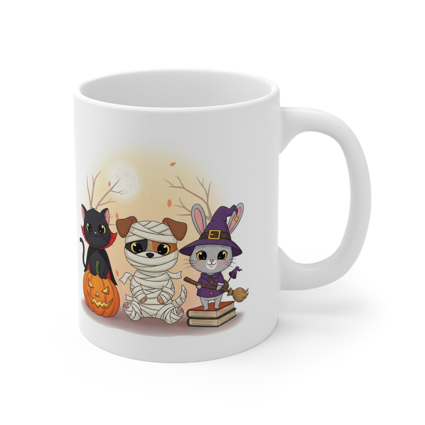 Halloween Themed Mug, Cute Animal Character Mug, Seasonal Coffee Cup, Spooky Decor, Perfect Gift for Cat Lovers