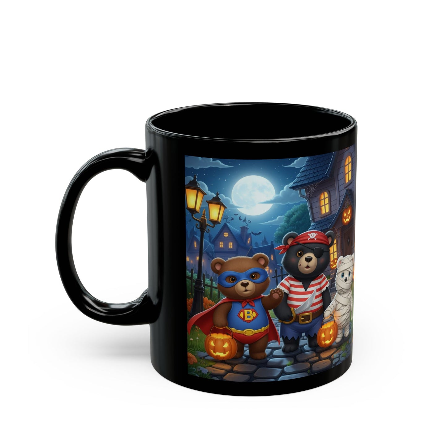 Halloween Bear Mug with Pumpkins and Moon - Cute Black Coffee Cup, Autumn Decor, Gift for Kids, Spooky Season, Trick or Treat