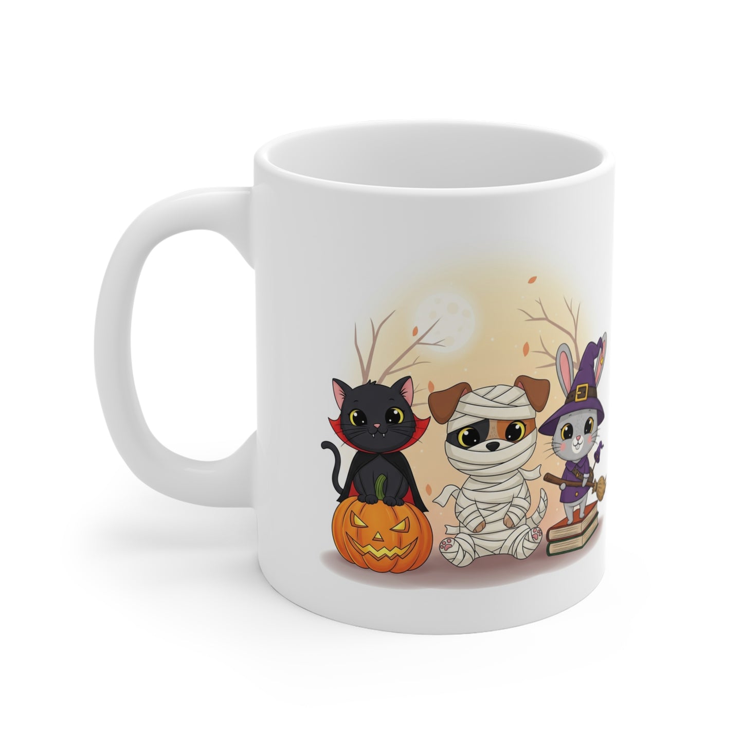 Halloween Themed Mug, Cute Animal Character Mug, Seasonal Coffee Cup, Spooky Decor, Perfect Gift for Cat Lovers