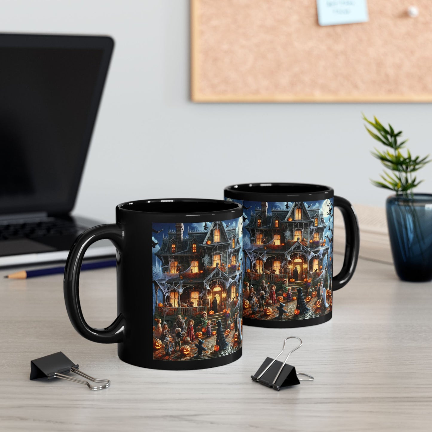 Halloween Pumpkin Scene Black Mug, Spooky Coffee Cup, Fall Decor, Autumn Gift, Haunted House Mug, Trick or Treat Cup