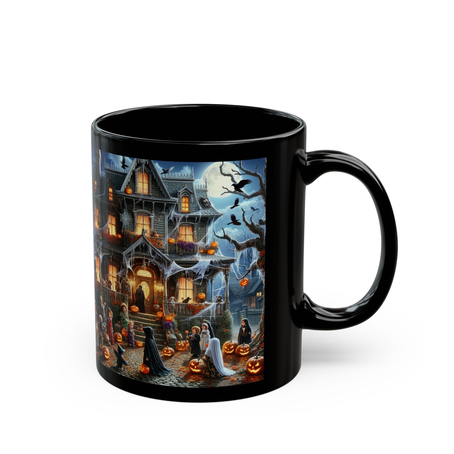 Halloween Pumpkin Scene Black Mug, Spooky Coffee Cup, Fall Decor, Autumn Gift, Haunted House Mug, Trick or Treat Cup