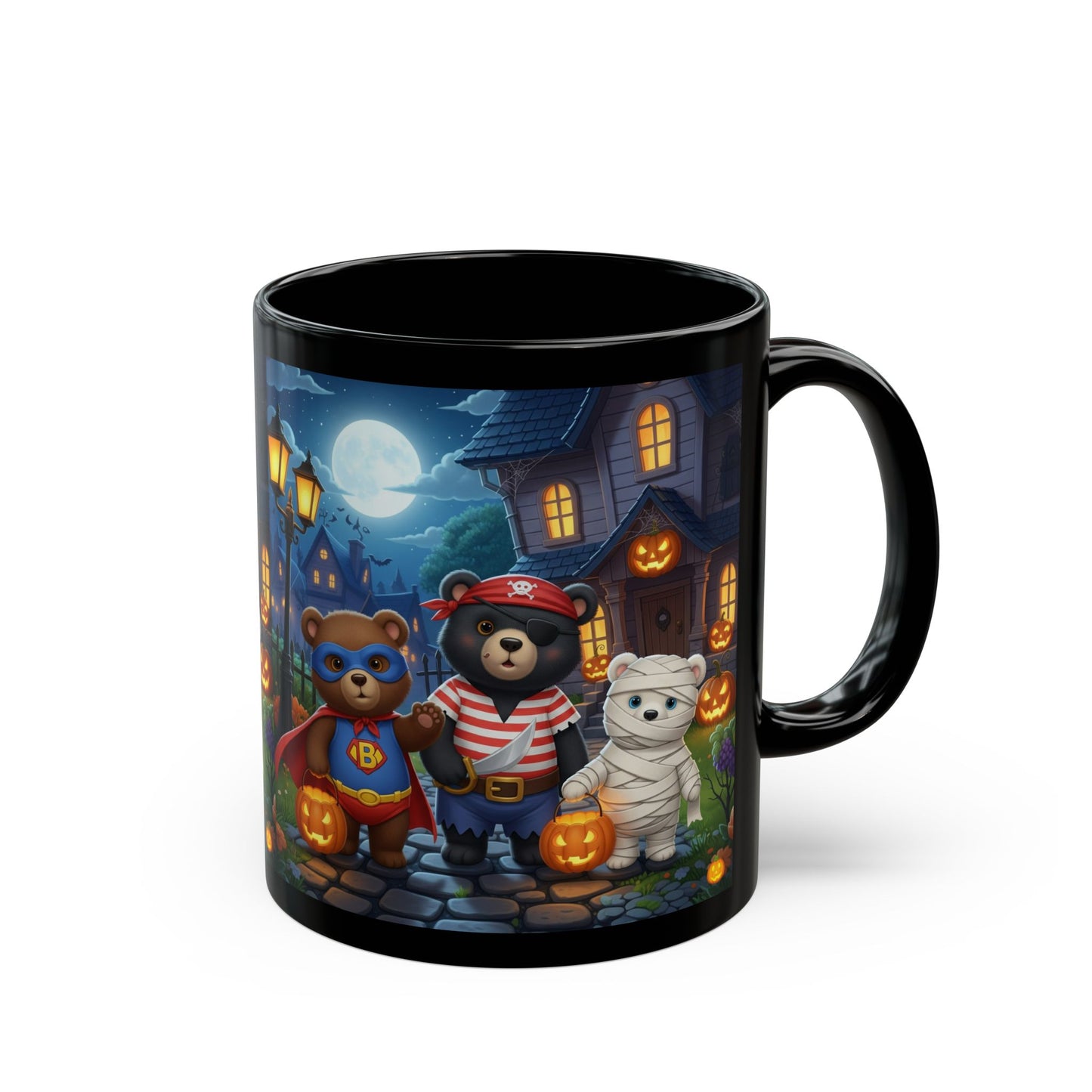 Halloween Bear Mug with Pumpkins and Moon - Cute Black Coffee Cup, Autumn Decor, Gift for Kids, Spooky Season, Trick or Treat