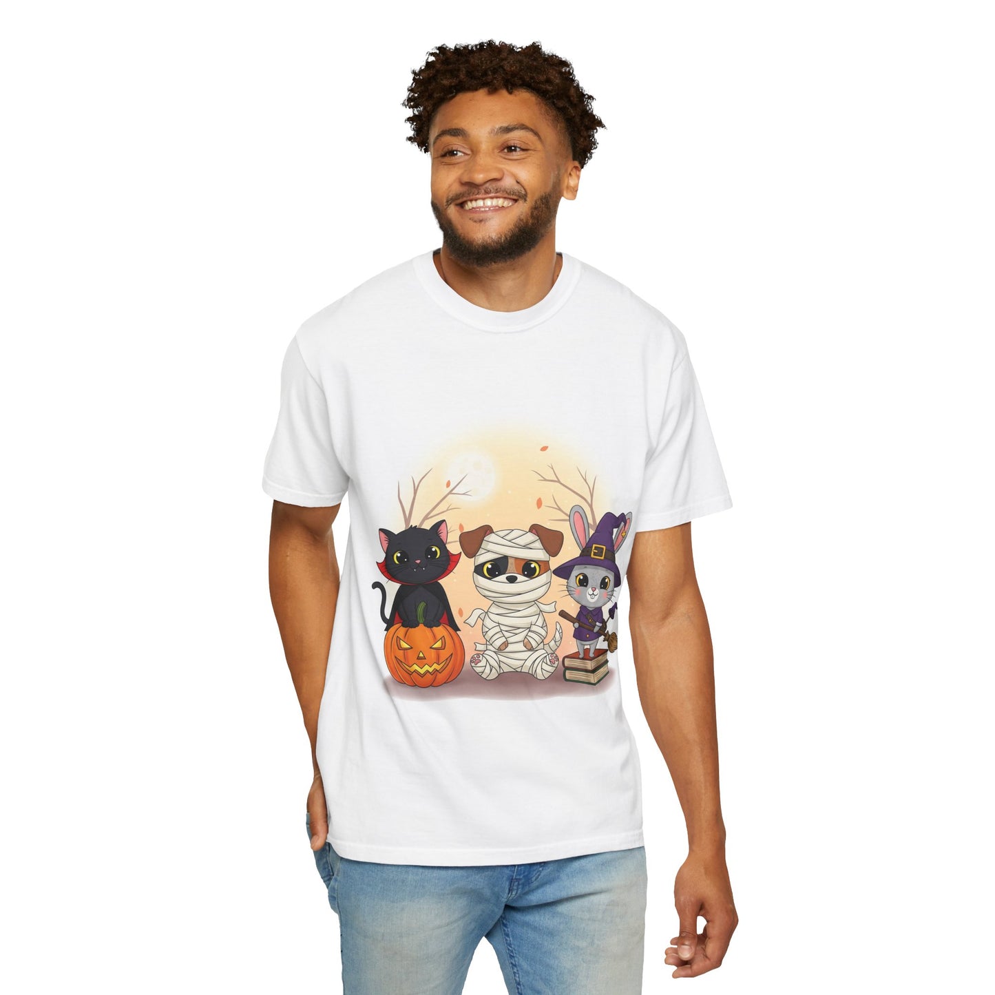 Halloween Animal Friends T-Shirt | Cute Cat Mummy & Witch Design | Unisex Apparel, Fall Fashion, Spooky Season Gift, Pet Lover Shirt