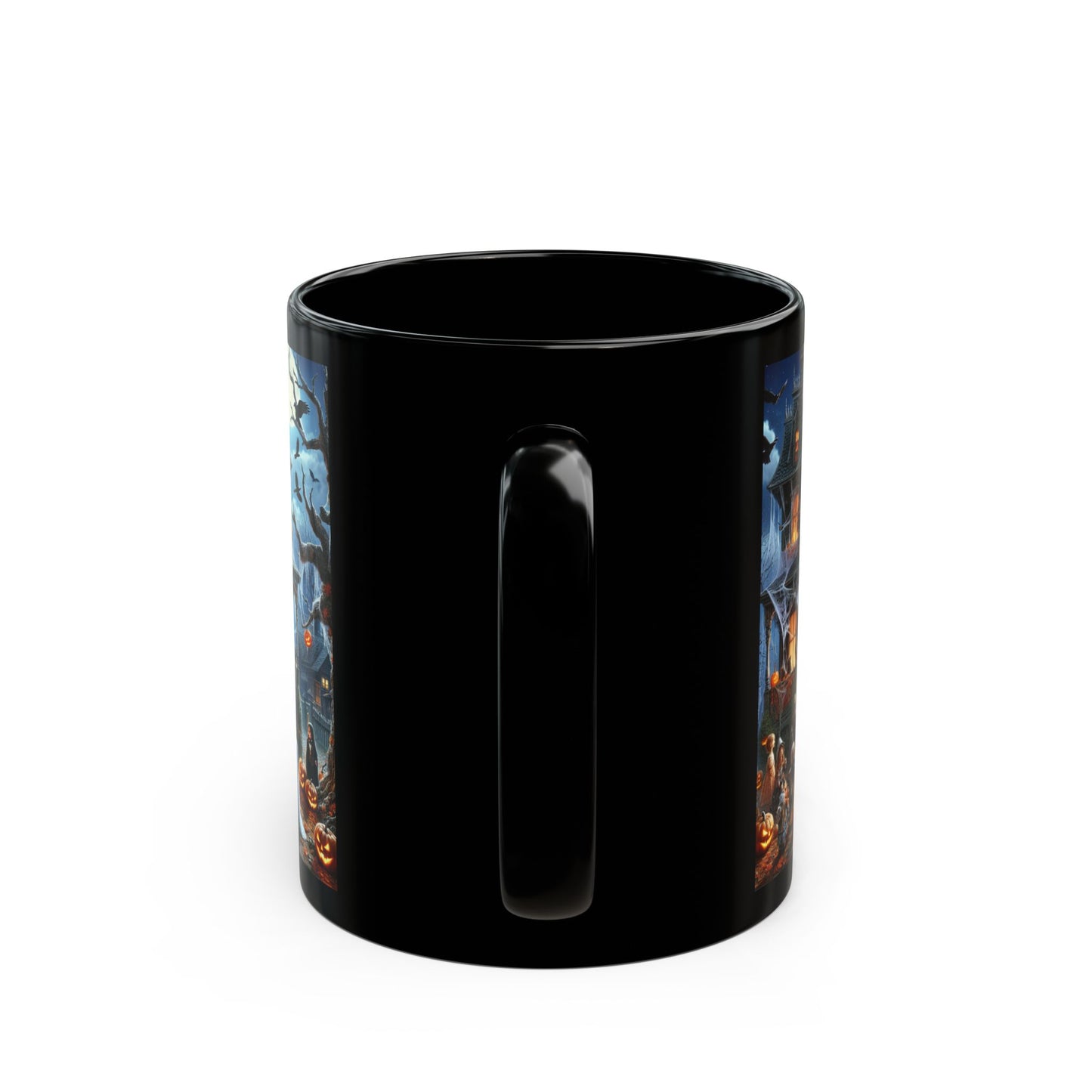 Halloween Pumpkin Scene Black Mug, Spooky Coffee Cup, Fall Decor, Autumn Gift, Haunted House Mug, Trick or Treat Cup