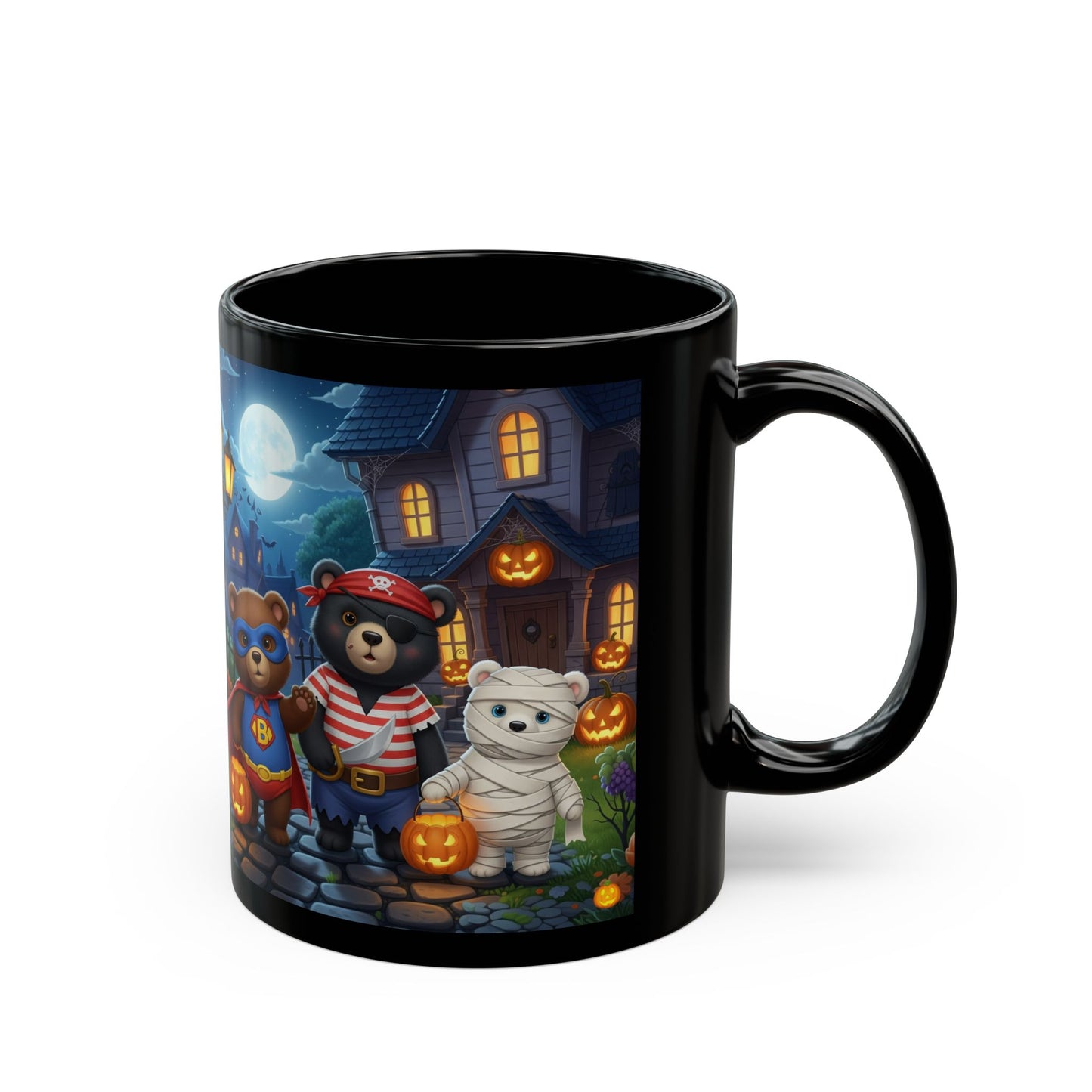 Halloween Bear Mug with Pumpkins and Moon - Cute Black Coffee Cup, Autumn Decor, Gift for Kids, Spooky Season, Trick or Treat