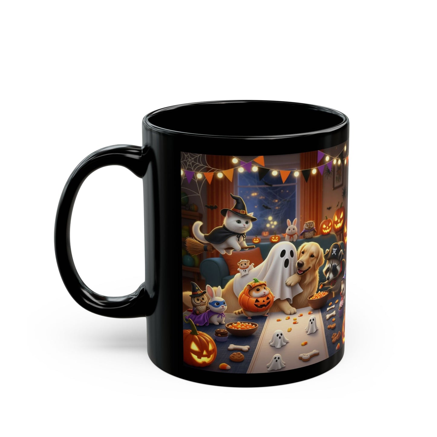 Halloween Pet Party Black Mug, Cat Dog Lovers Gift, Cozy Fall Decor, Funny Halloween Kitchenware, Cute Ghosts & Pumpkins Mug