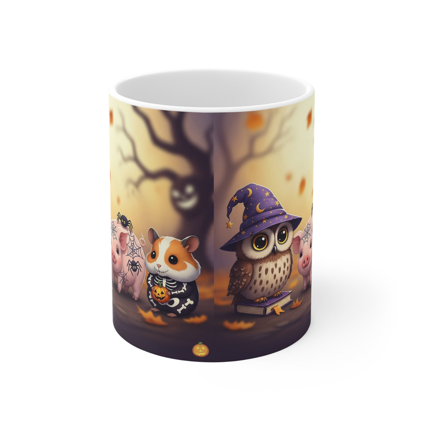 Whimsical Halloween Mug, Cute Owl Pig Themed Coffee Cup, Fall Decor Gift for Animal Lovers, Halloween Enjoyment