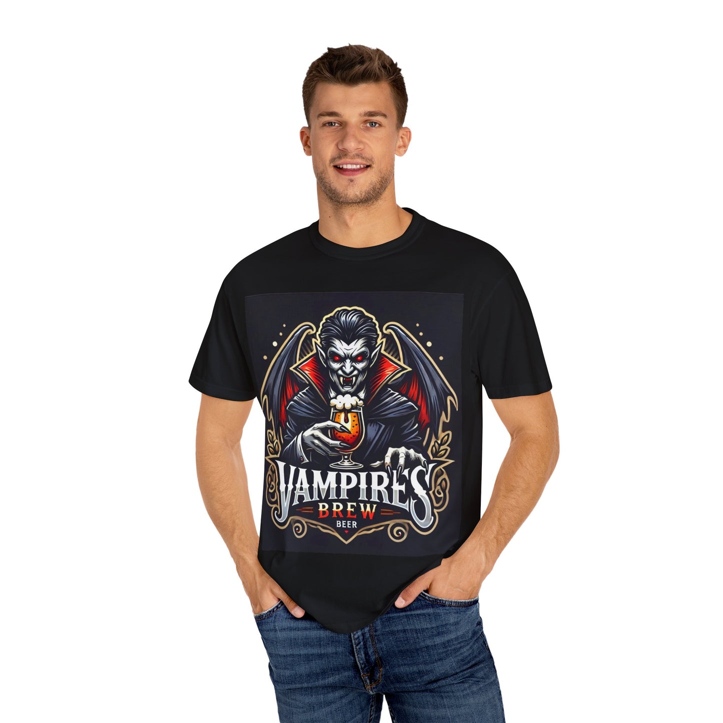Vampire Brew Graphic T-Shirt, Spooky Halloween Apparel, Dark Fantasy Fashion, Gift for Beer Lovers, Unisex Casual Wear