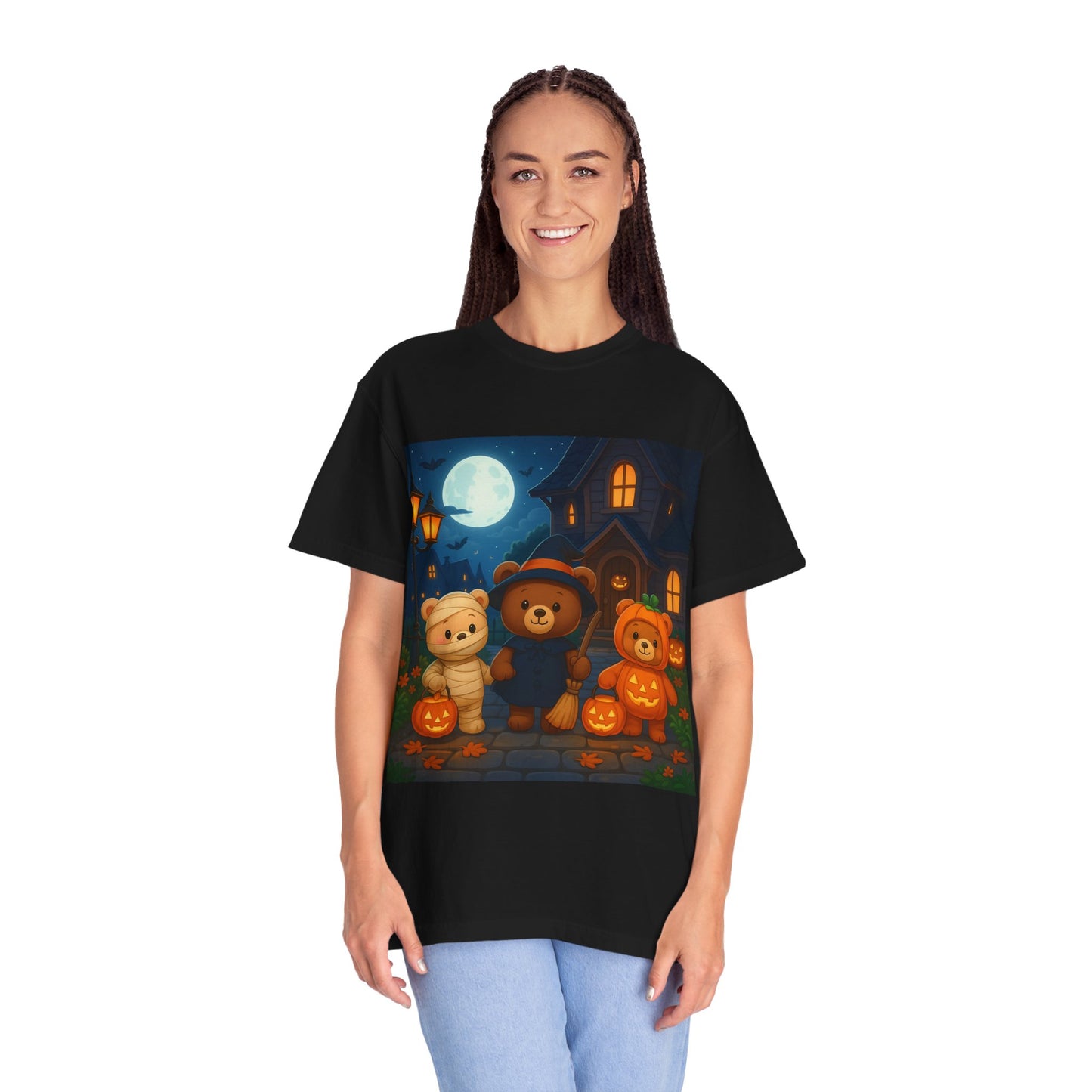 Halloween Bear T-shirt, Unisex Garment-Dyed Shirt, Cute Halloween Top, Cozy Fall Apparel, Kids and Adults Halloween Tee
