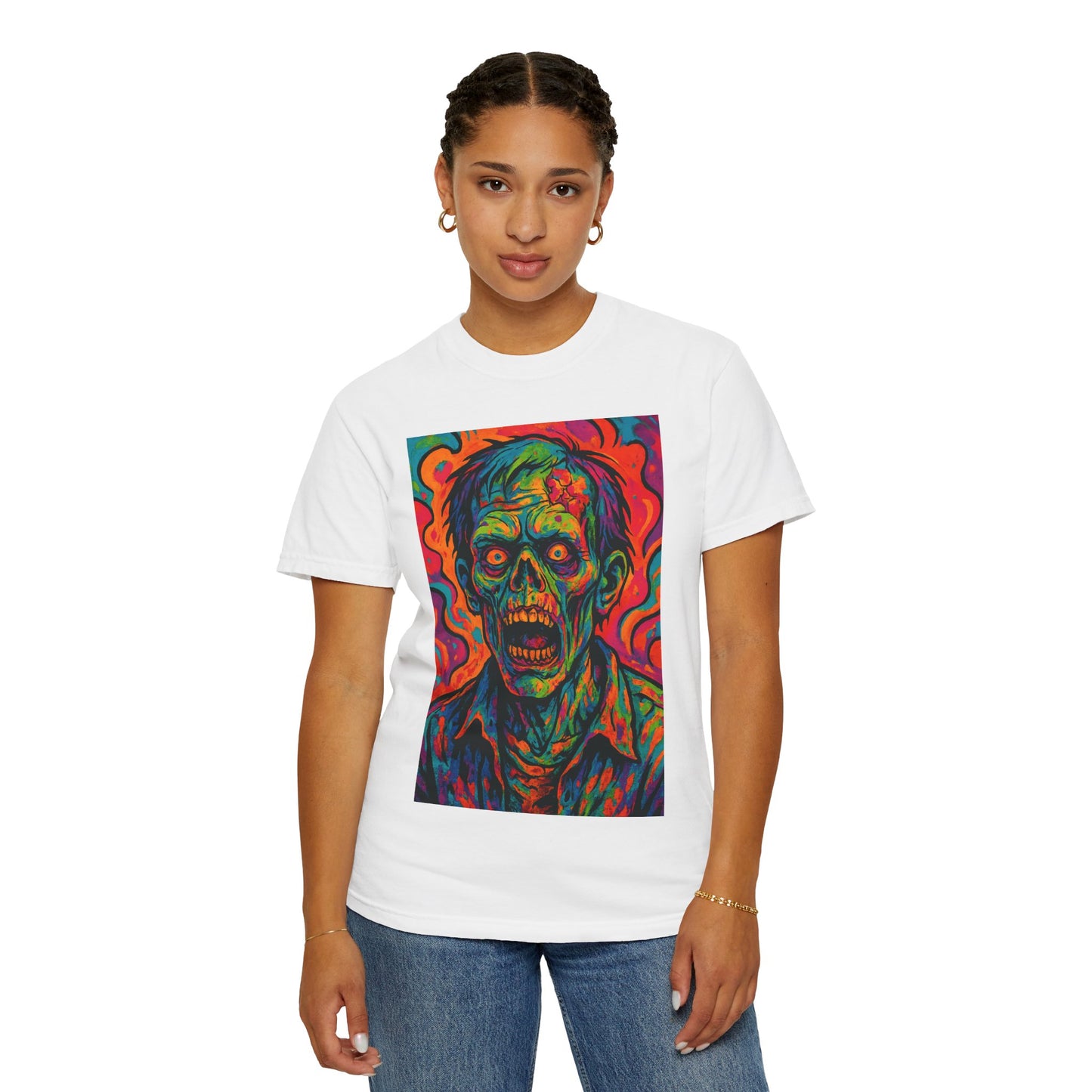 Vibrant Zombie Art T-Shirt, Unisex Graphic Tee for Halloween, Horror Fan Gift, Festival Wear, Eye-Catching Streetwear