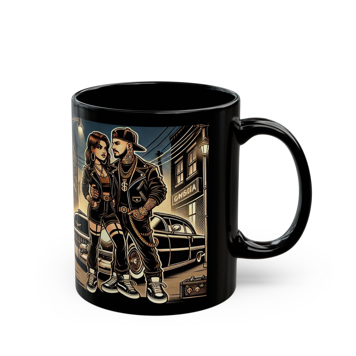 Urban Couple Art Black Mug - 11oz & 15oz, Perfect Gift for Coffee Lovers & Street Art Enthusiasts
