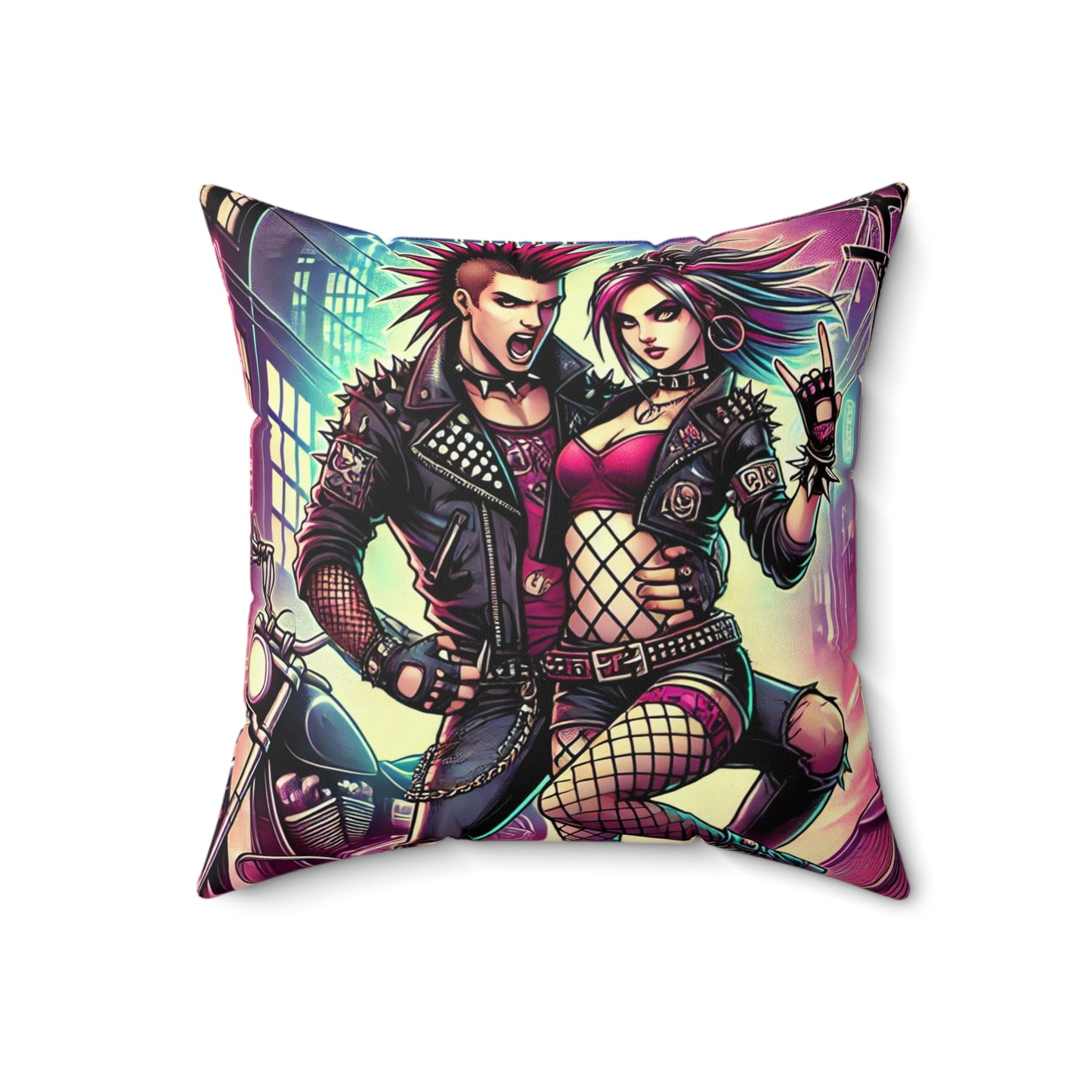 Punk Rock Couple Square Pillow - Decorative Spun Polyester Cushion