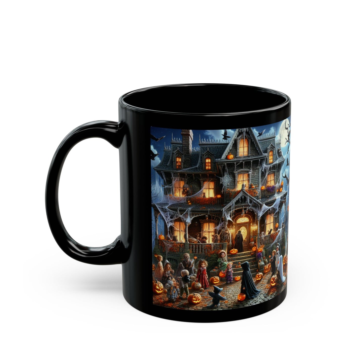 Halloween Pumpkin Scene Black Mug, Spooky Coffee Cup, Fall Decor, Autumn Gift, Haunted House Mug, Trick or Treat Cup