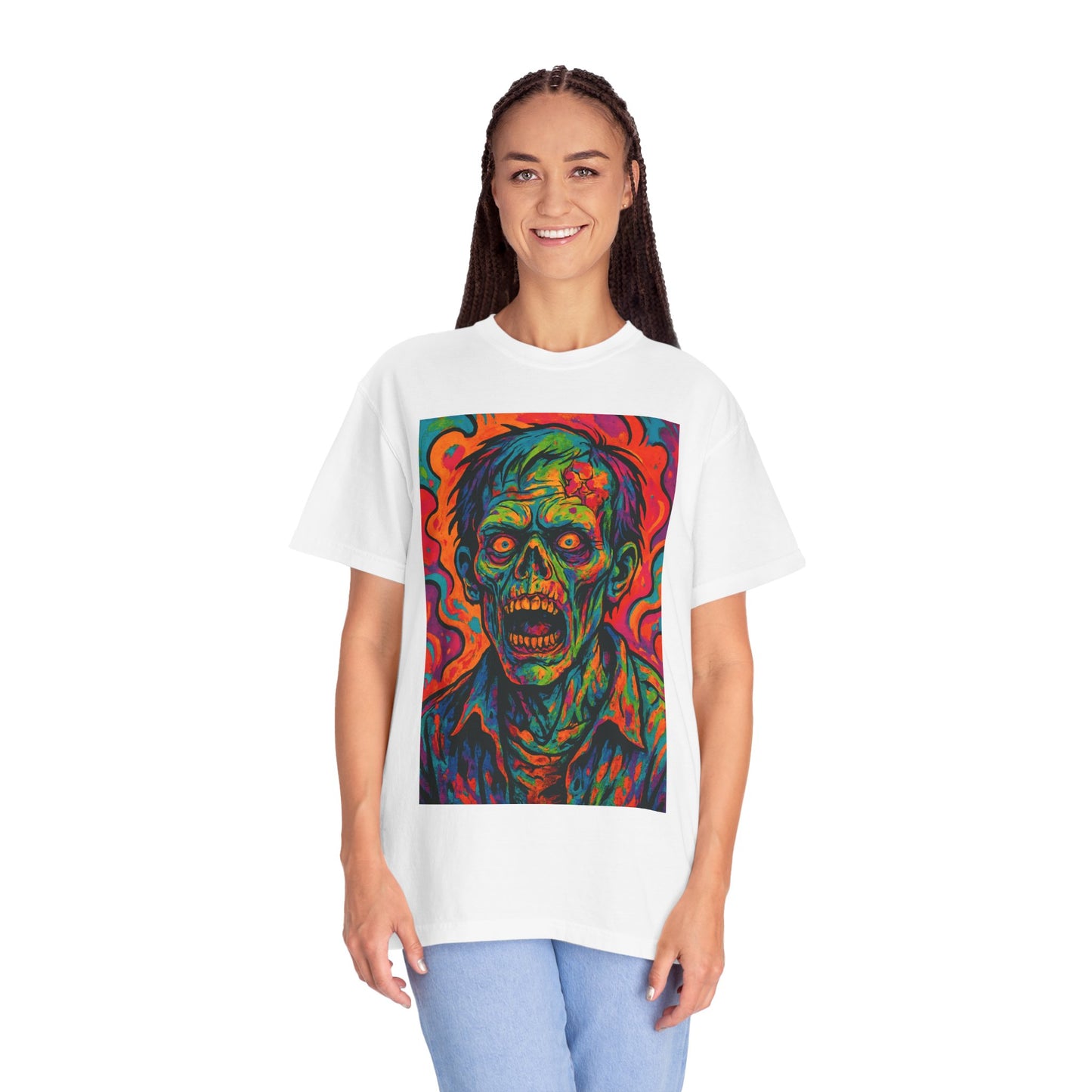 Vibrant Zombie Art T-Shirt, Unisex Graphic Tee for Halloween, Horror Fan Gift, Festival Wear, Eye-Catching Streetwear