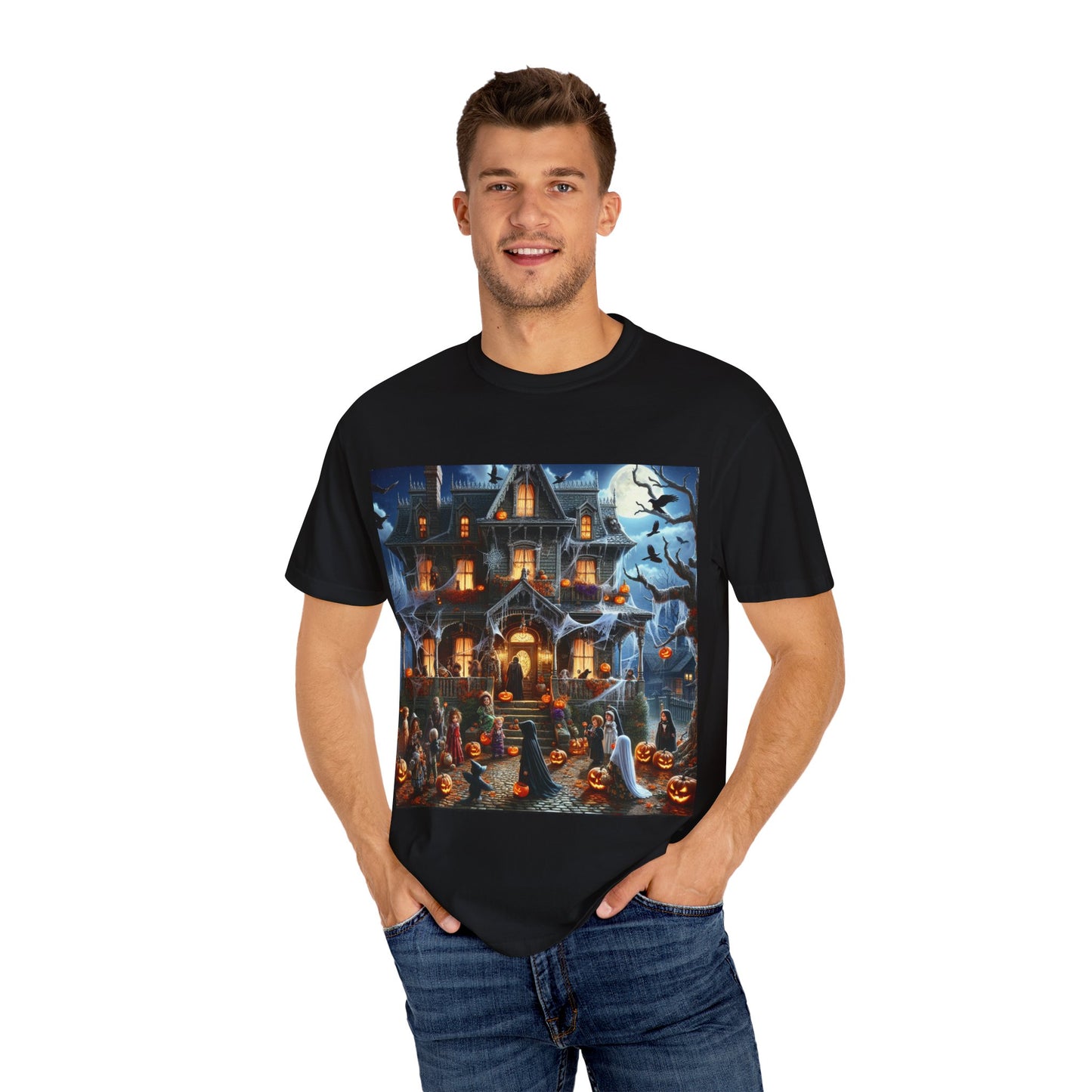 Halloween House Graphic T-shirt, Unisex Tee, Spooky Season Apparel, October Festivity Wear, Trick or Treat Shirt