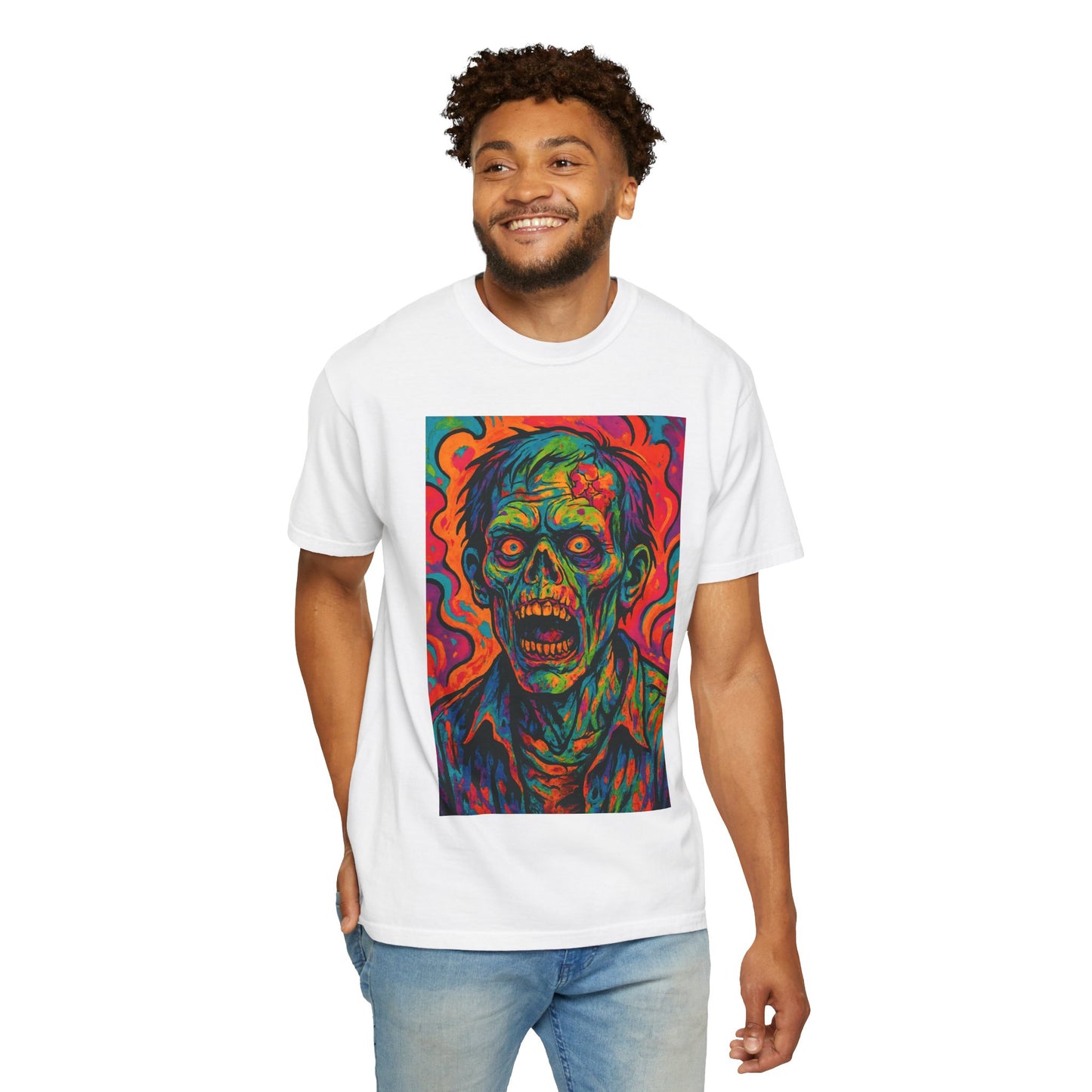 Vibrant Zombie Art T-Shirt, Unisex Graphic Tee for Halloween, Horror Fan Gift, Festival Wear, Eye-Catching Streetwear