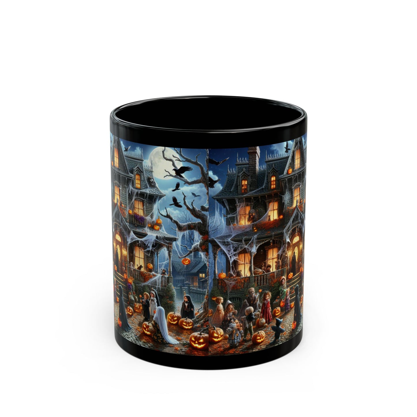 Halloween Pumpkin Scene Black Mug, Spooky Coffee Cup, Fall Decor, Autumn Gift, Haunted House Mug, Trick or Treat Cup