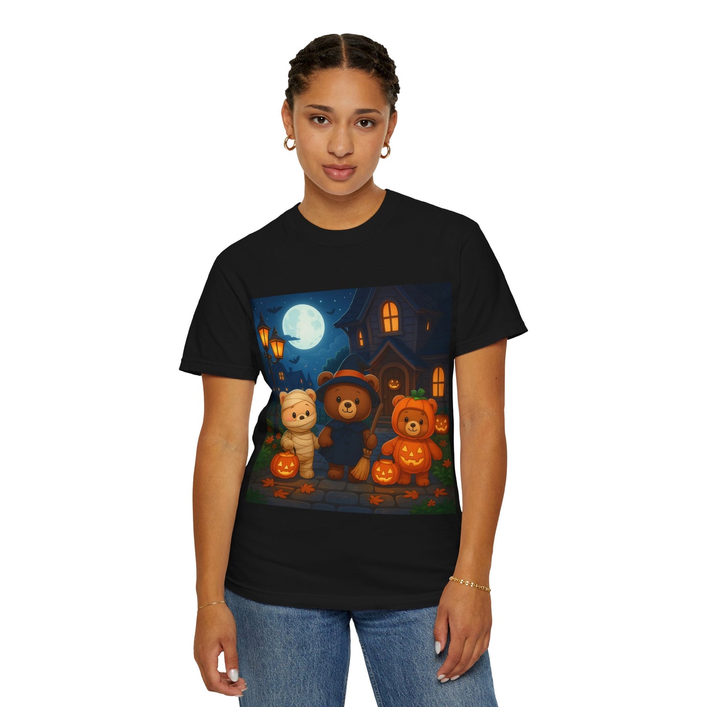 Halloween Bear T-shirt, Unisex Garment-Dyed Shirt, Cute Halloween Top, Cozy Fall Apparel, Kids and Adults Halloween Tee