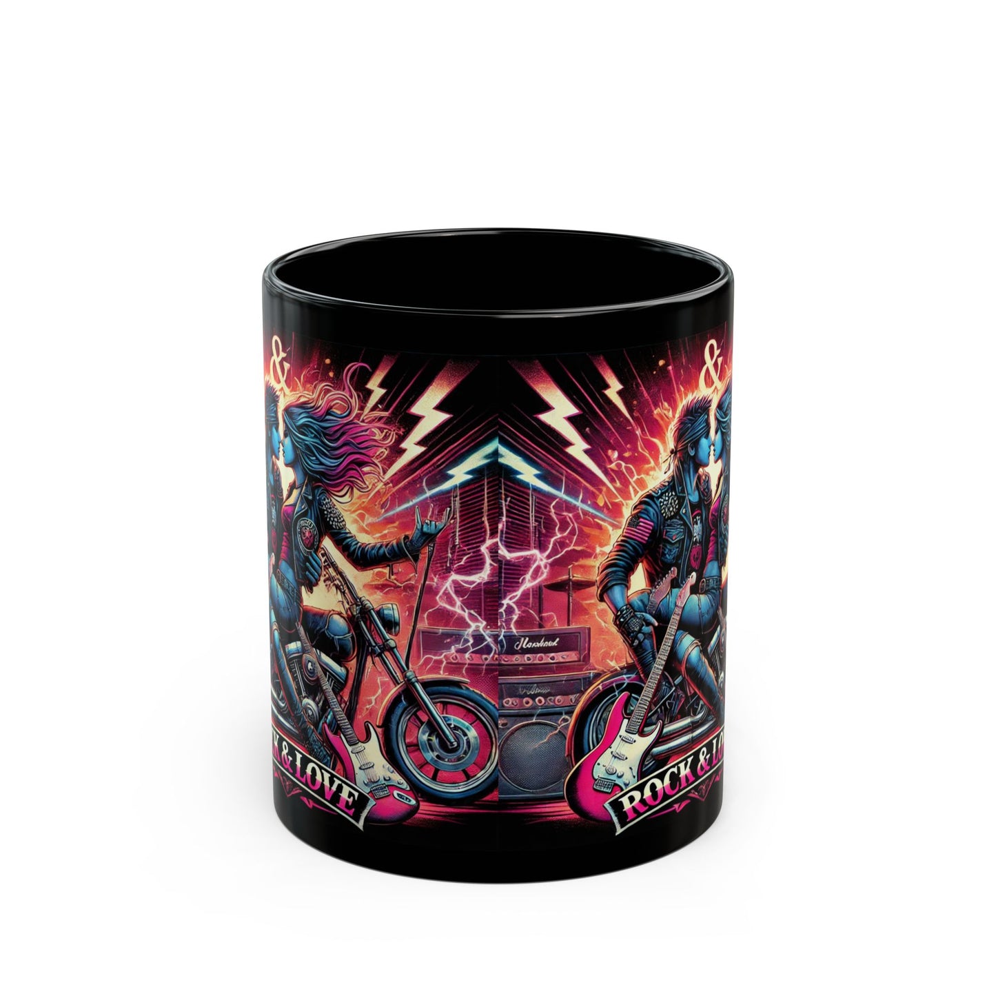 Rock & Love Motorcycle Mug - 11oz & 15oz Black Coffee Cup for Bikers, Music Lovers, Gift Idea