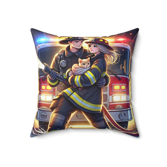 Firefighter Love Square Pillow – Cozy Decorative Cushion with Cat Design